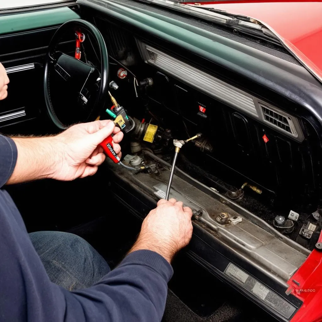 Mechanic Working on a 1987 Mustang Using Diagnostic Tools