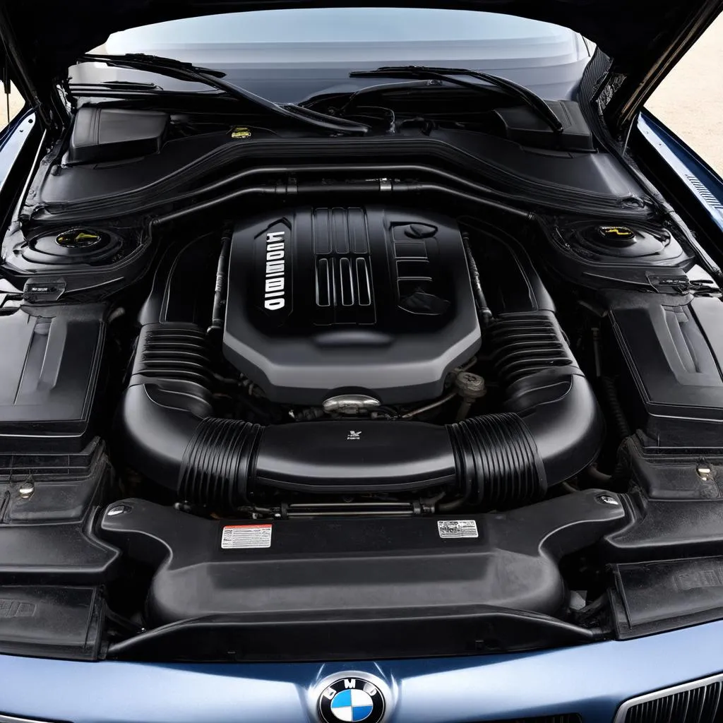 A close-up view of the engine of a 1998 BMW 740i