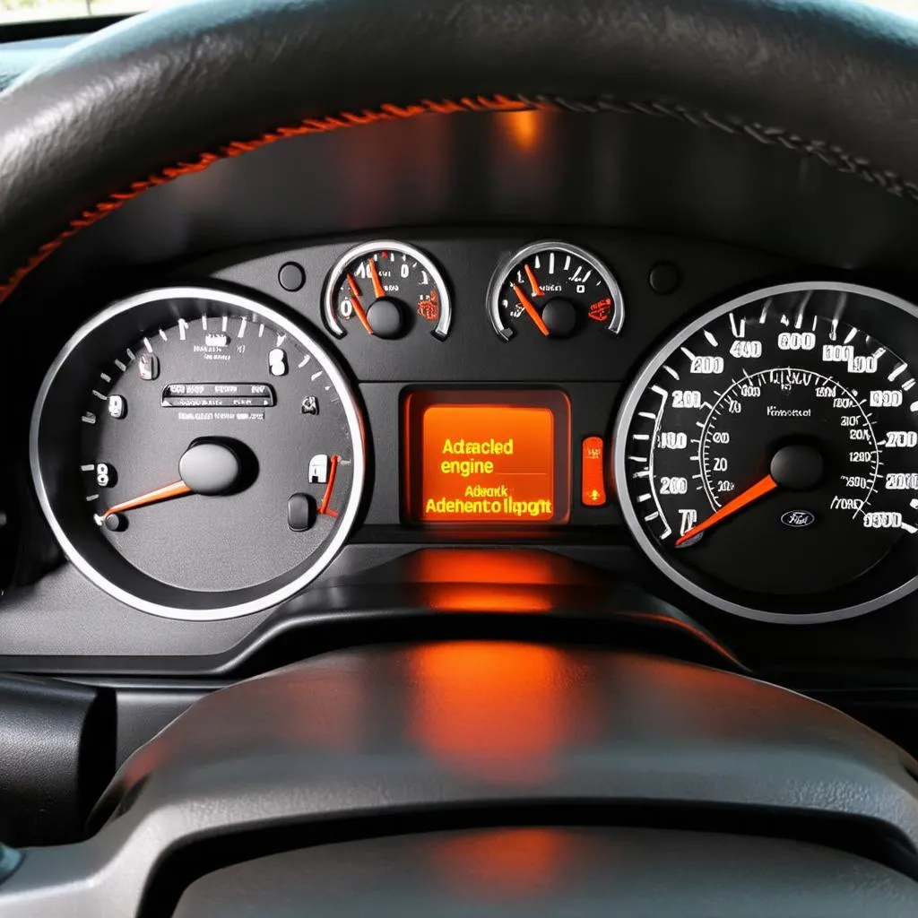 The dashboard of a 1998 Ford Explorer with the check engine light illuminated