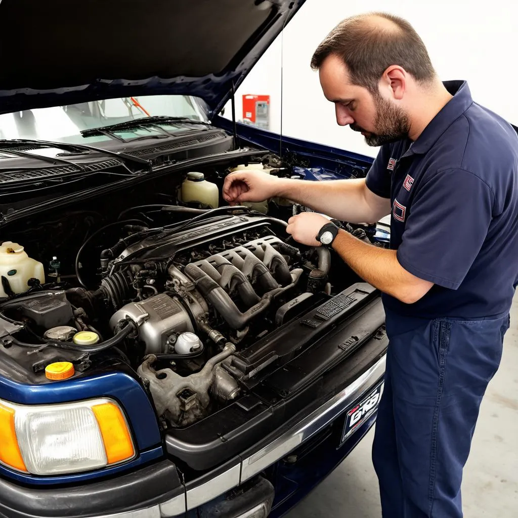 Mechanic inspecting 2000 GMC Jimmy engine