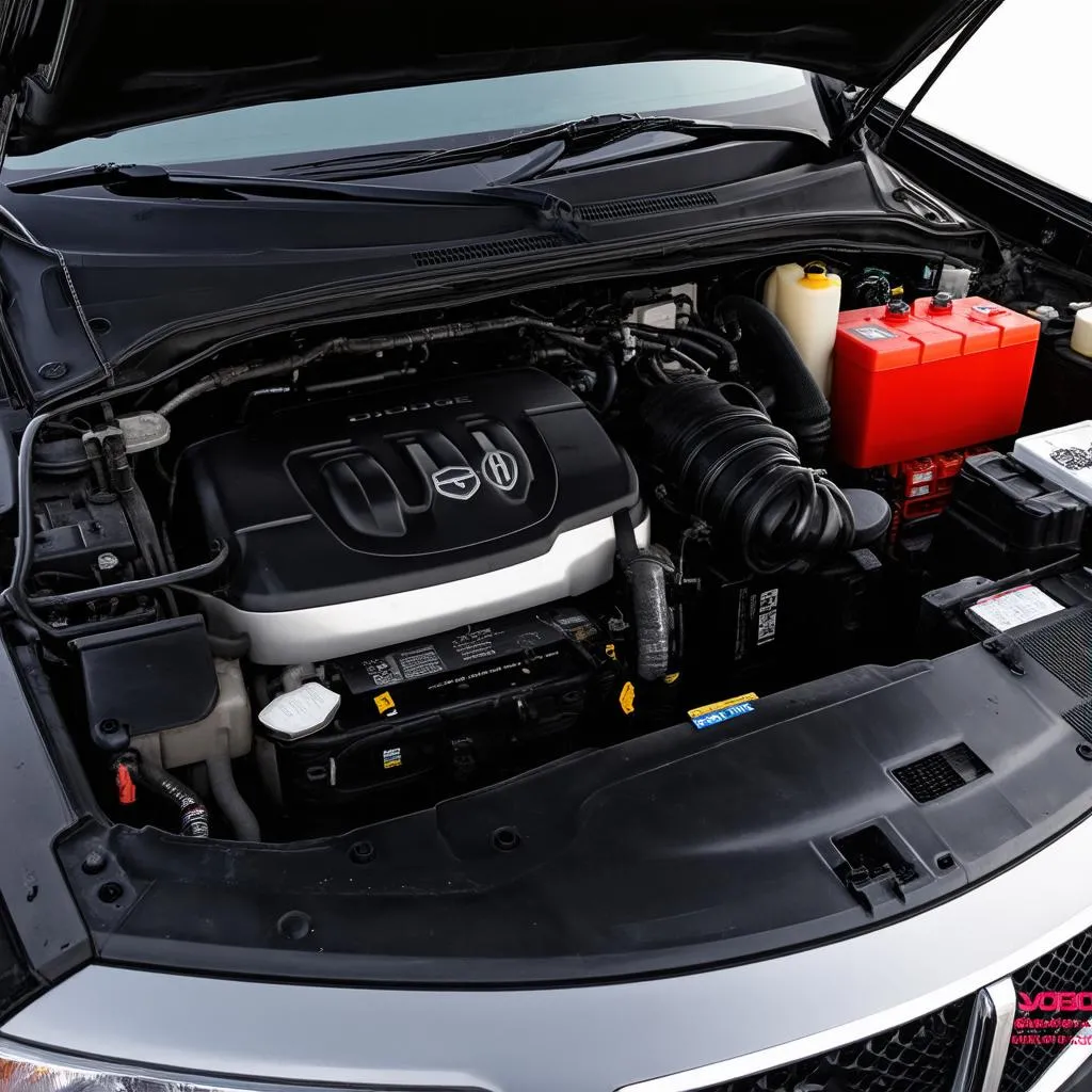 Open hood of a 2011 Dodge Durango with the battery and fuse box visible.