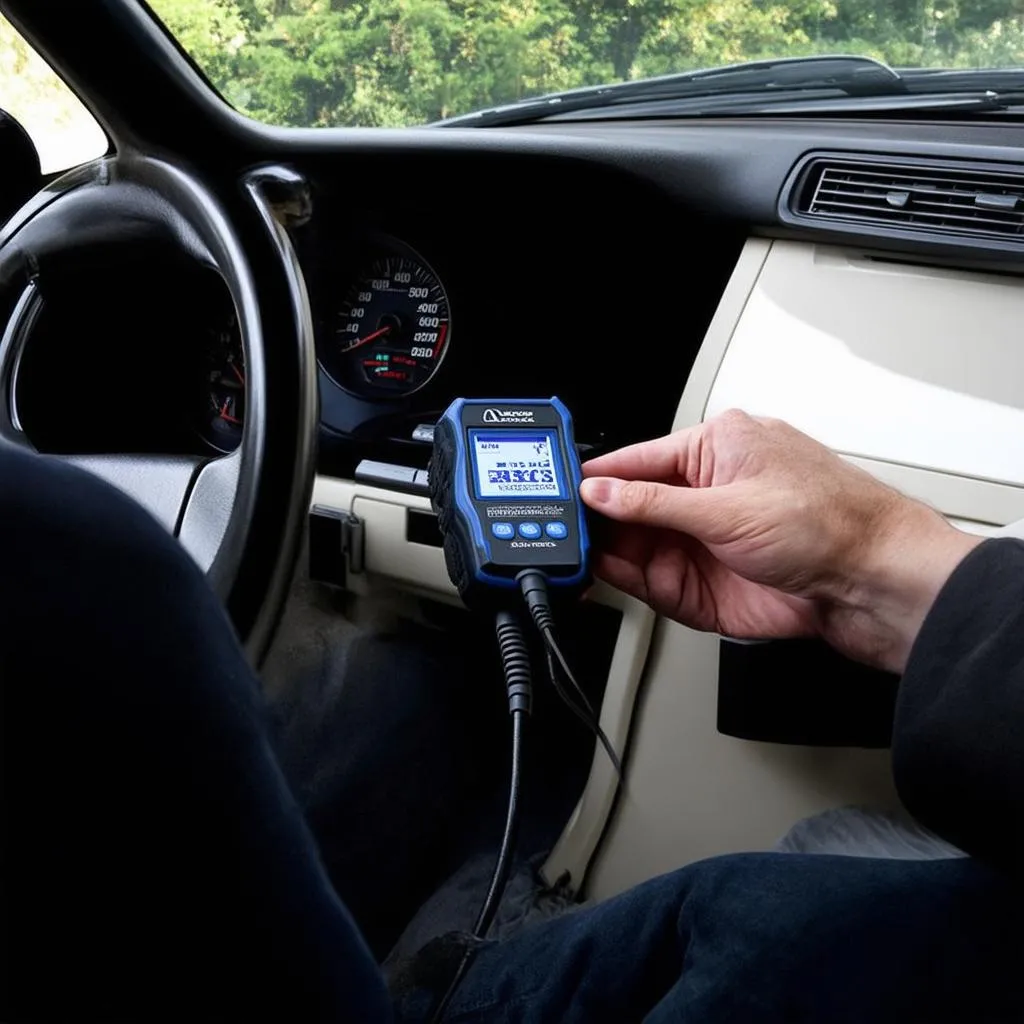 A person using an OBD-II scanner on their Acura Legend.