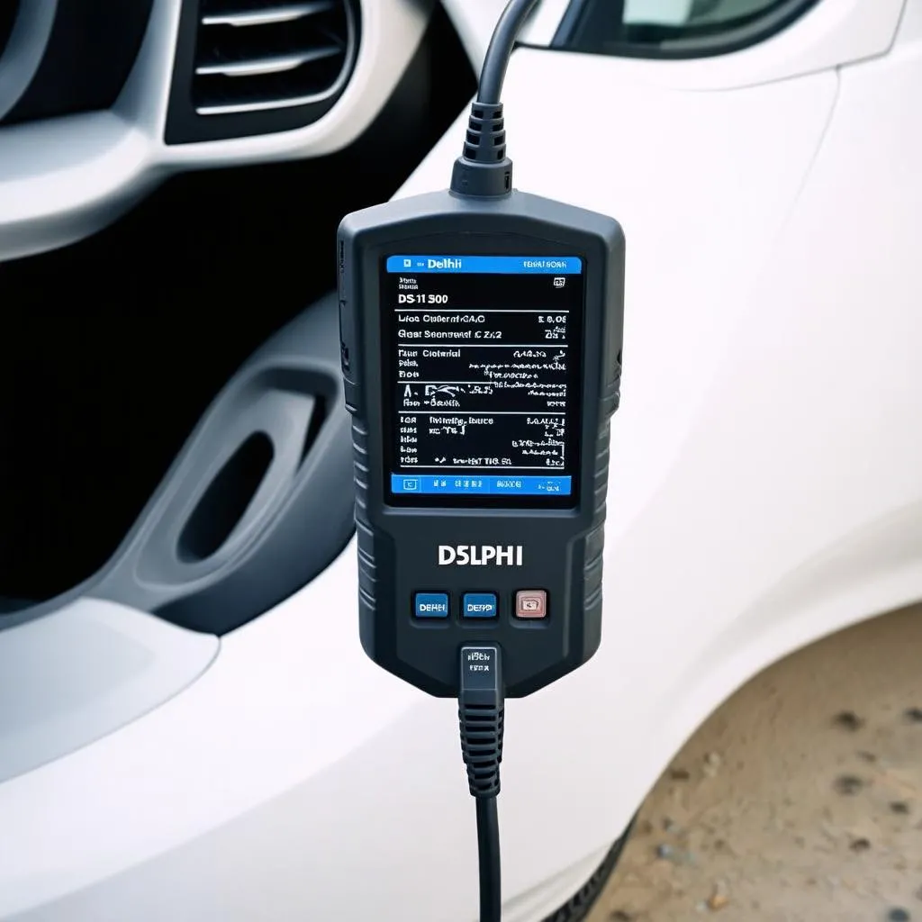 Delphi DS150E scanner connected to a car's OBD-II port.