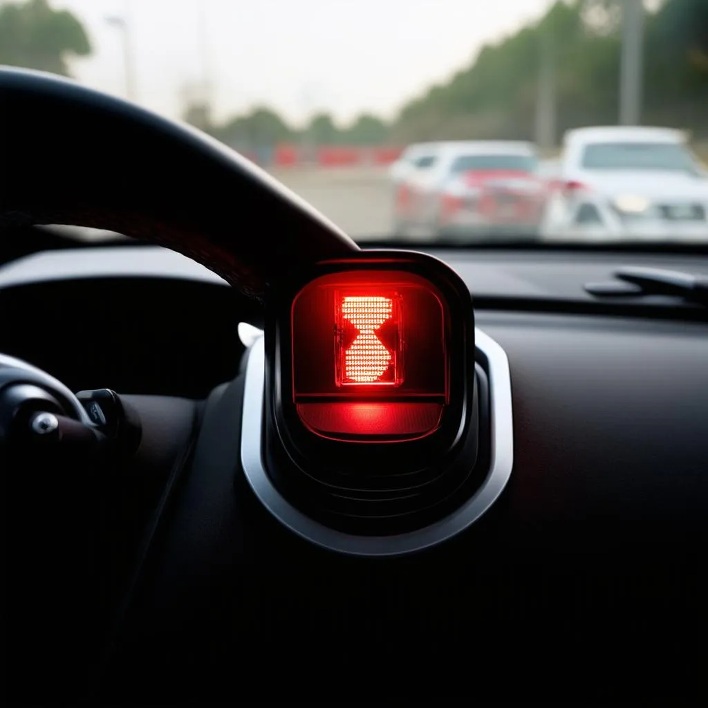 Close-up shot of a car dashboard with the check engine light illuminated 