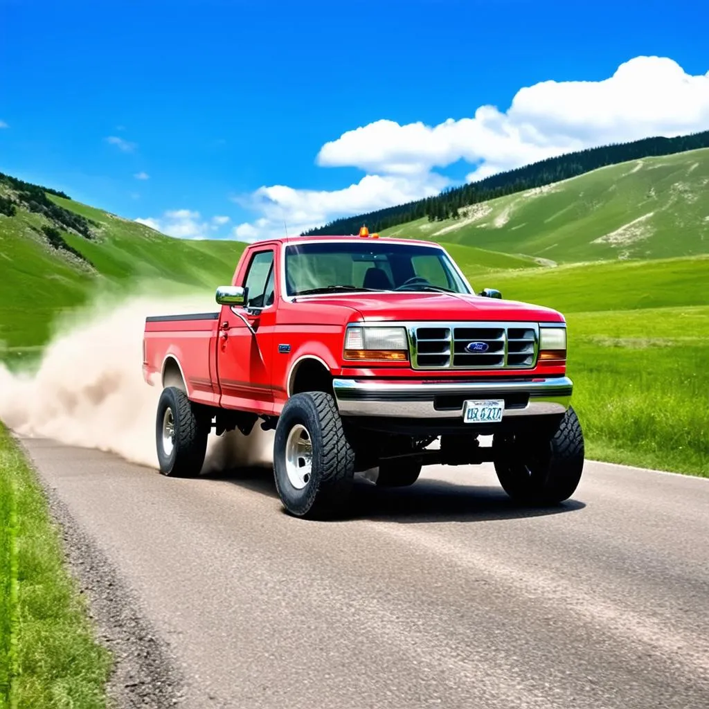 A red 1997 Ford F250 pickup truck driving down a scenic country road.