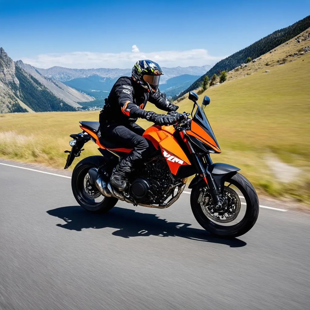 KTM Duke motorcycle riding on a scenic mountain road