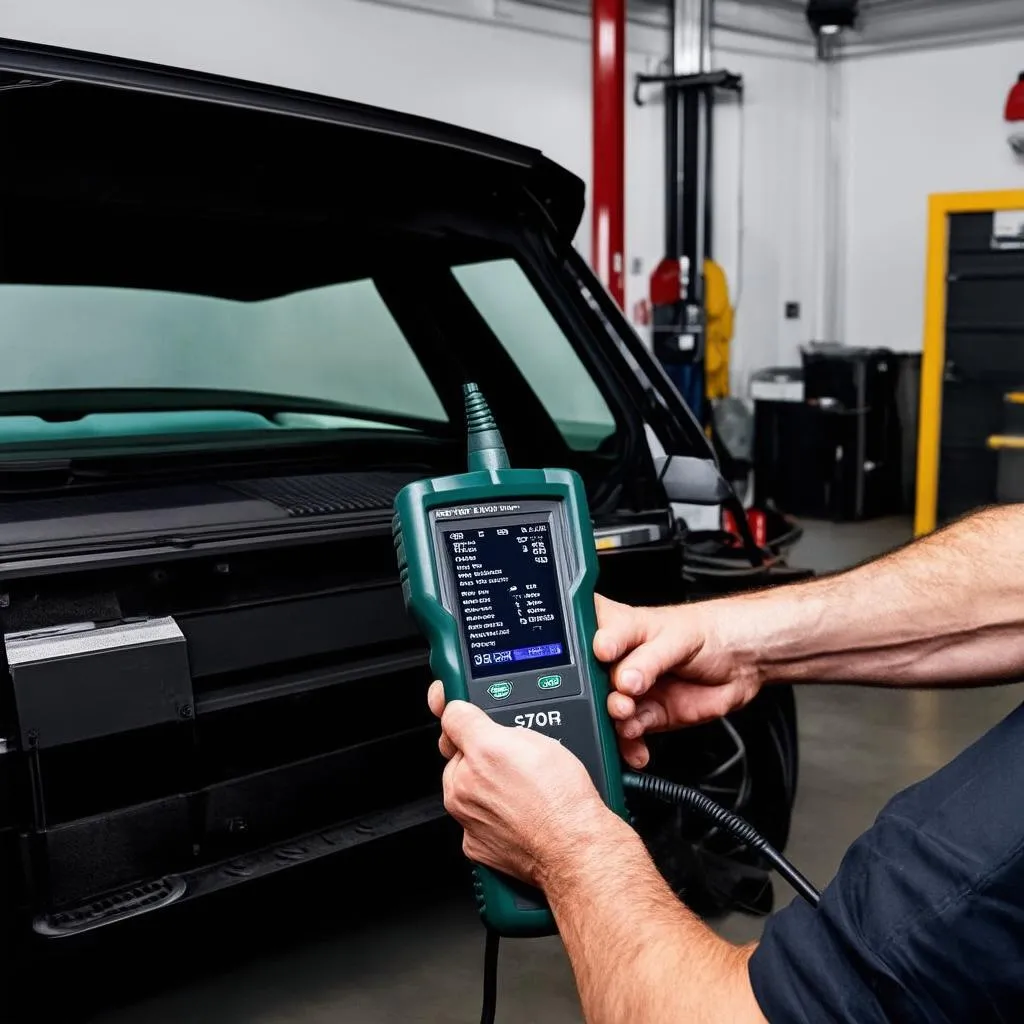 Mechanic using a professional OBD-II scanner on a Land Rover Discovery