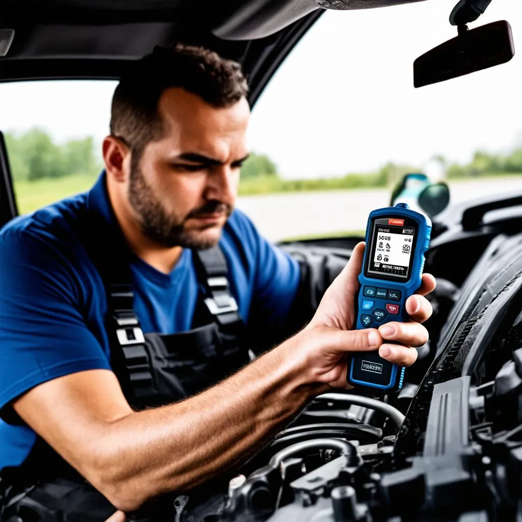 Mechanic diagnosing car problems with OBD Scanner