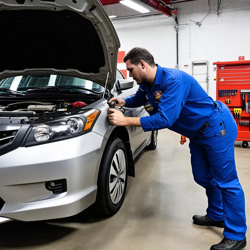 Car mechanic working under the hood of a car