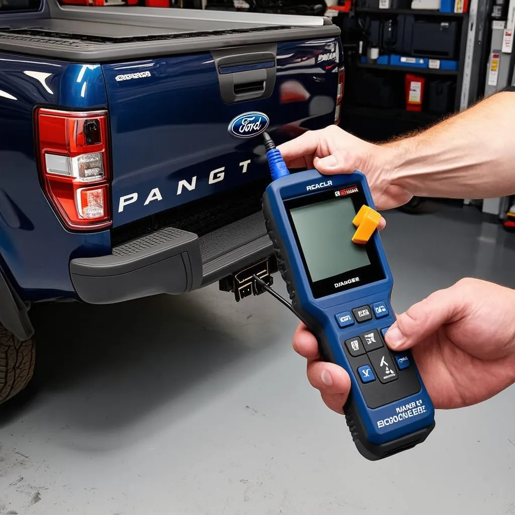 Mechanic using an OBD-II scanner on a Ford Ranger