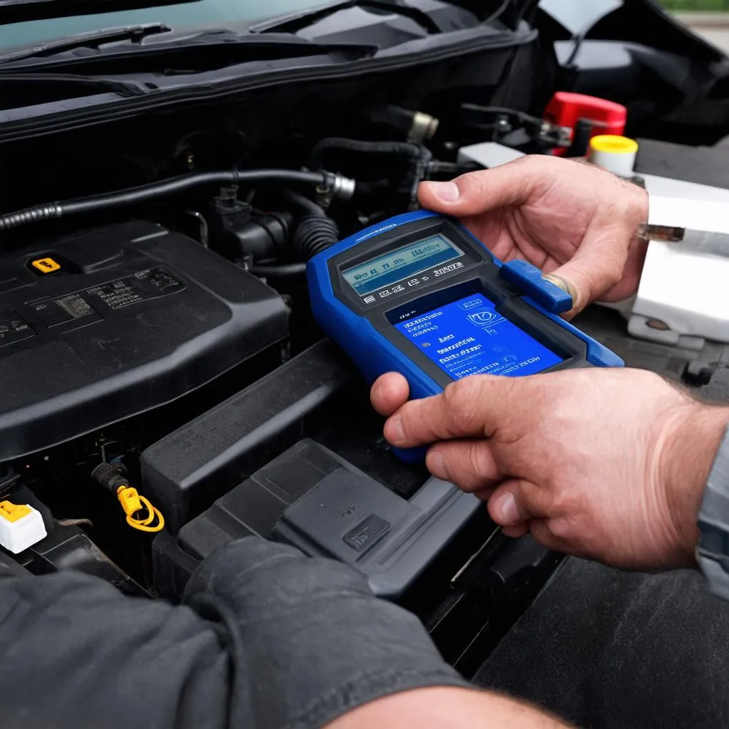 Mechanic diagnosing Hyundai Sonata