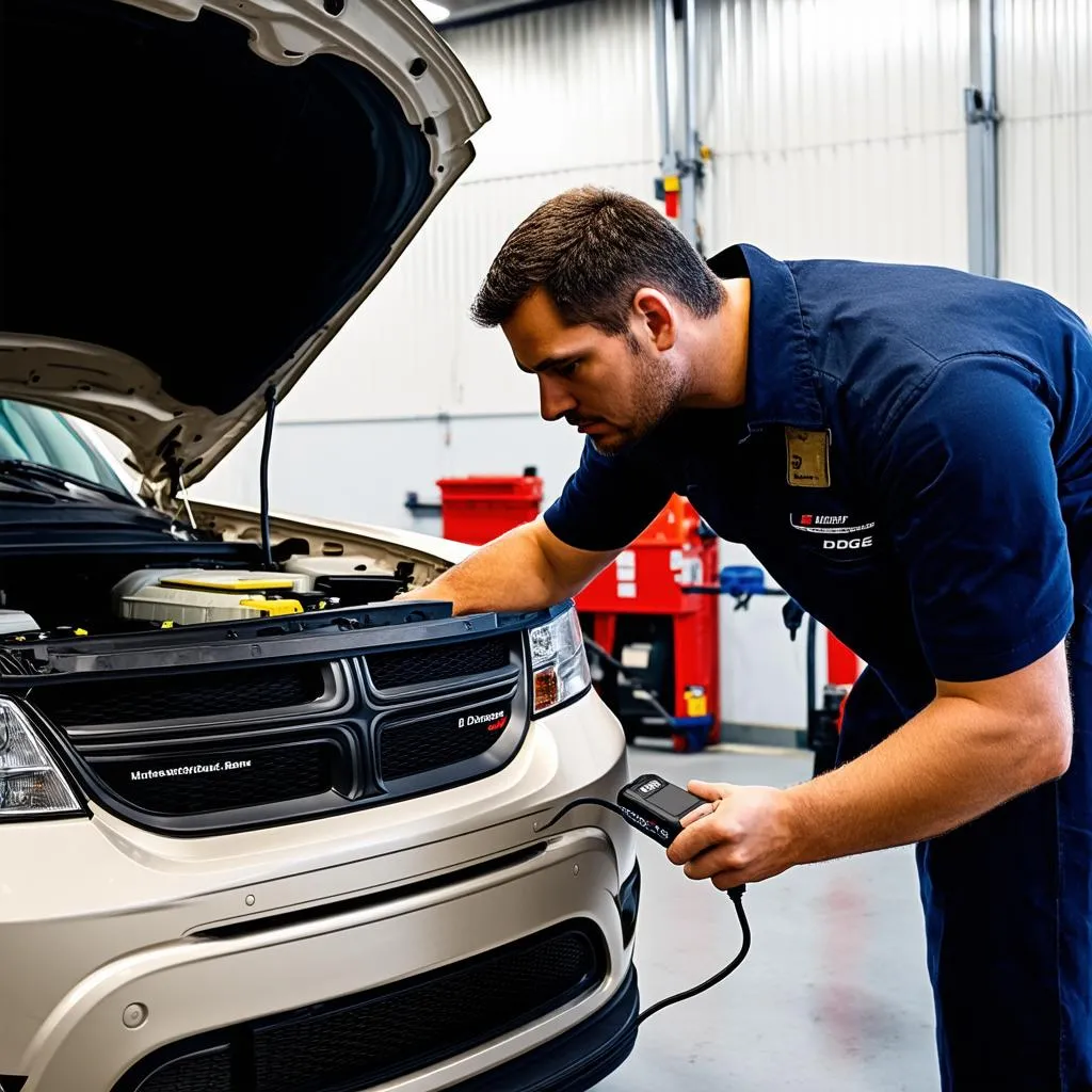 Mechanic using a diagnostic scanner on a 2014 Dodge Journey