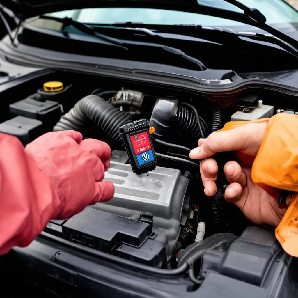 Mechanic diagnosing a 1998 Passat