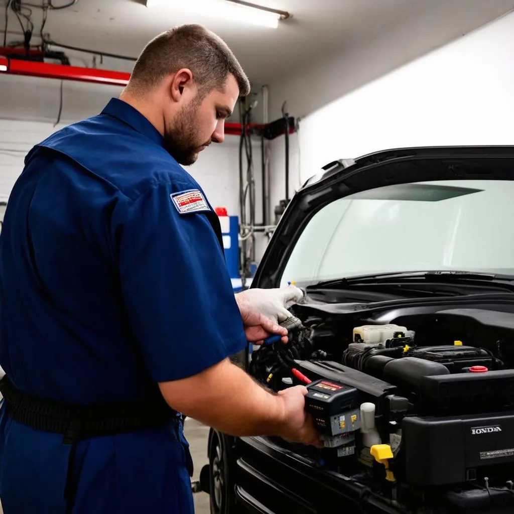 Mechanic diagnosing a car