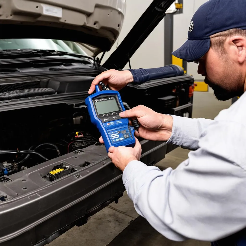 Mechanic Using OBD-II Scanner on Toyota Tundra