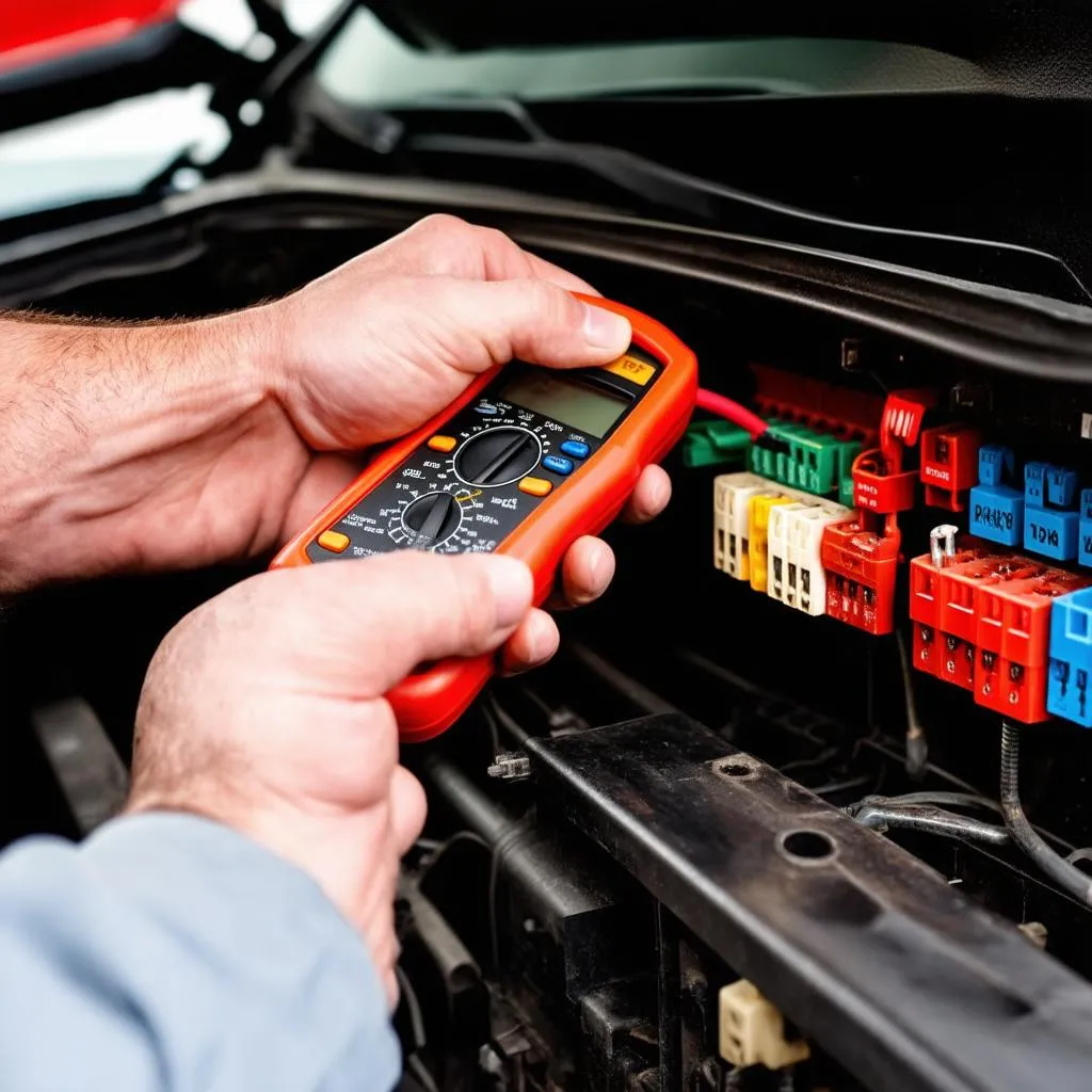 Mechanic checking fuses in a car