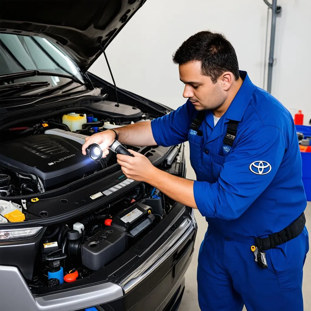 Mechanic examining a car engine