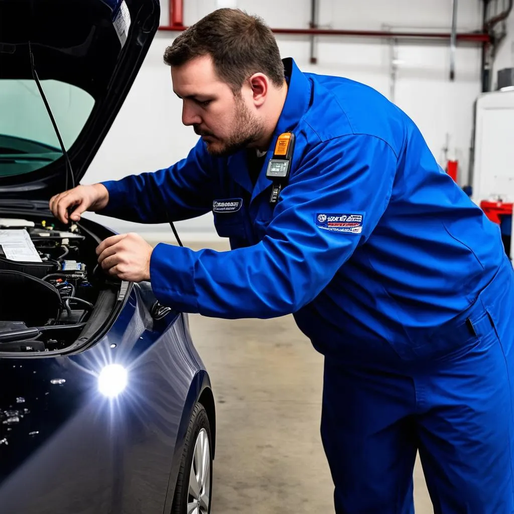 Mechanic inspecting OBD port