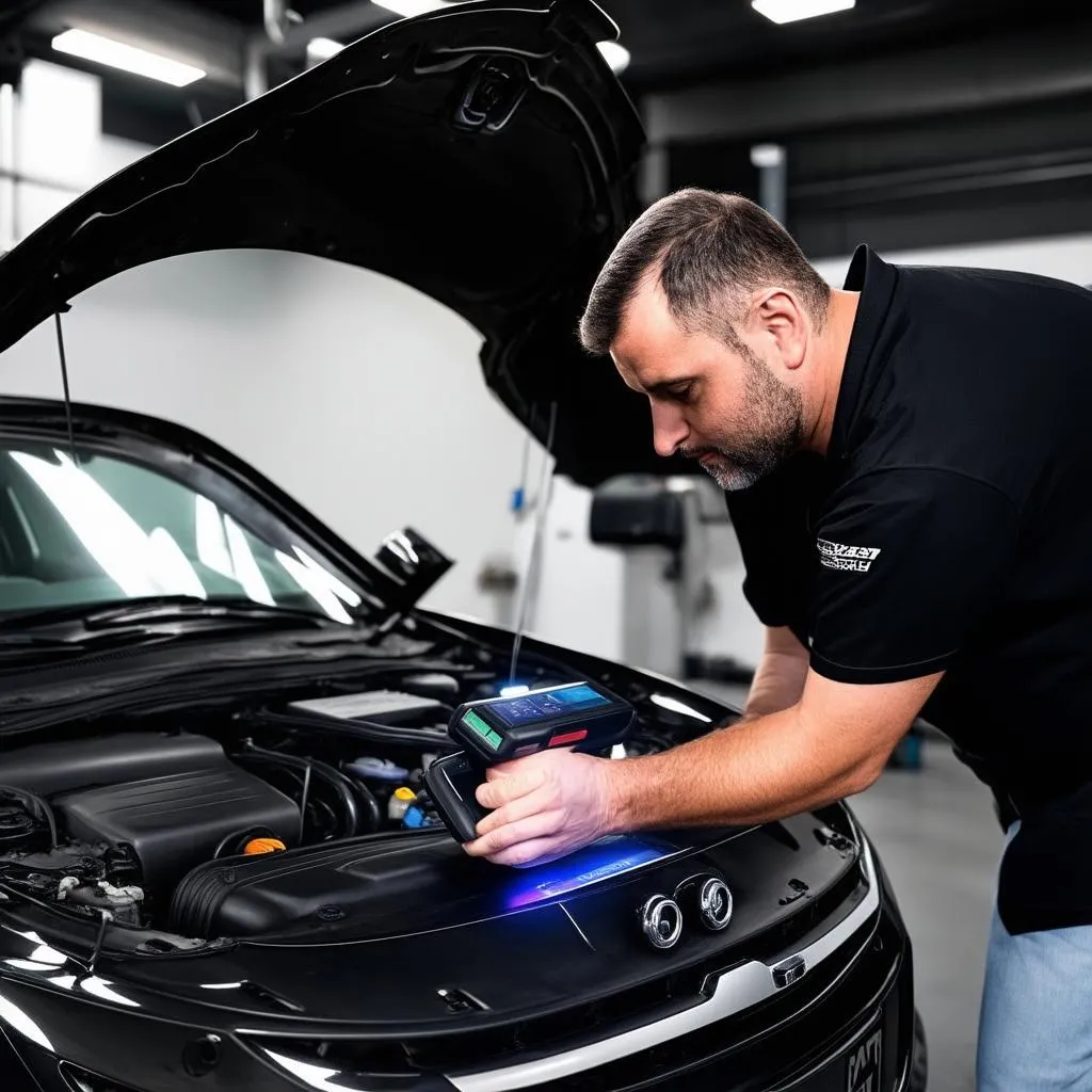 Mechanic inspecting European car engine