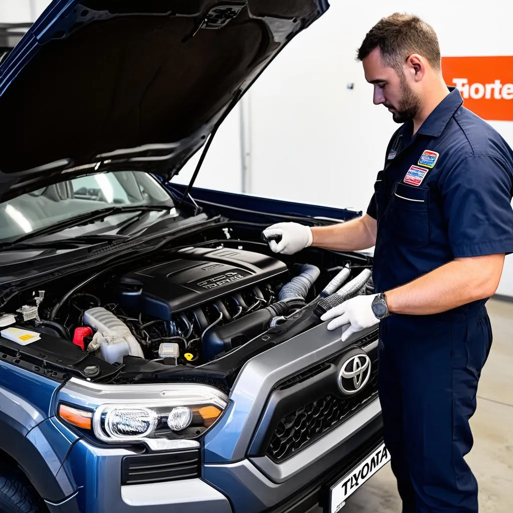 Mechanic Inspecting Toyota Tacoma Engine