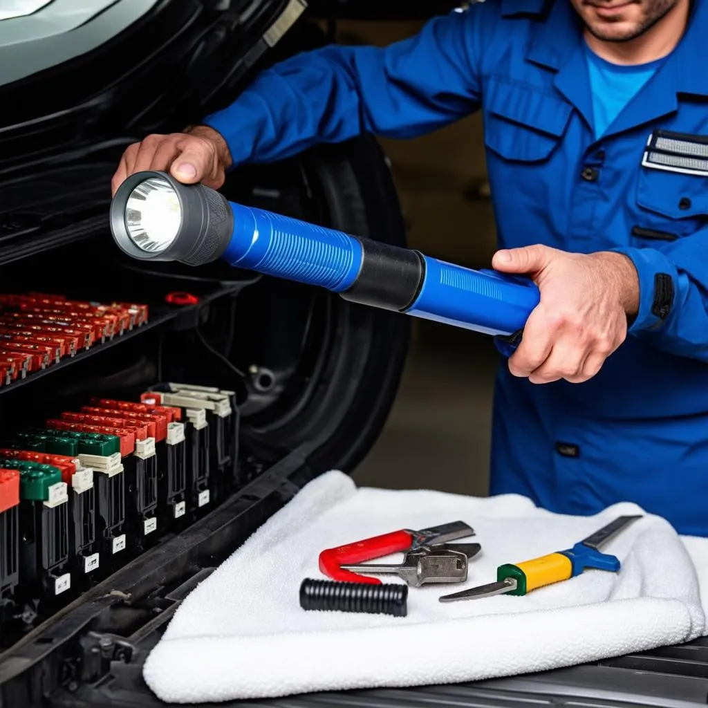 Car mechanic inspecting fuse box