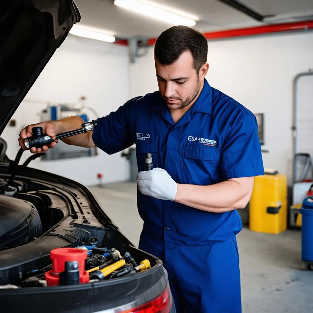 Mechanic inspecting EVAP system