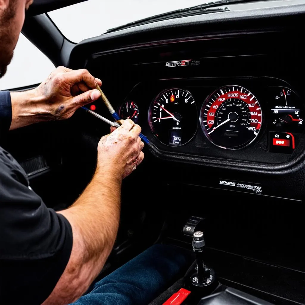 mechanic installing obd gauge