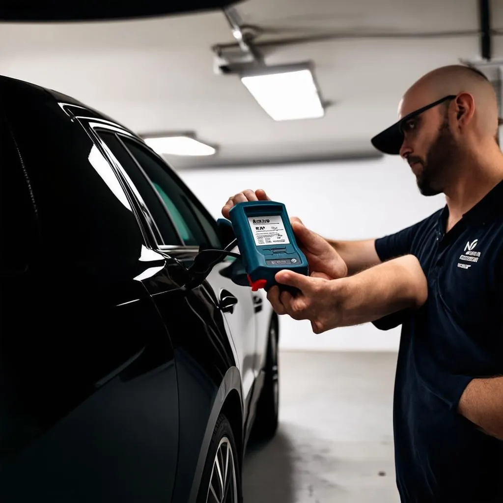 A mechanic is using a professional OBD2 scanner to diagnose a car's engine. 