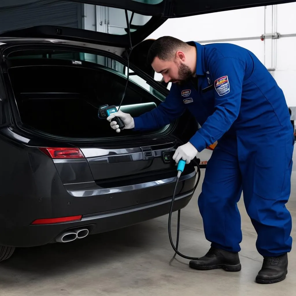 Mechanic connecting an OBD scanner to a car's port