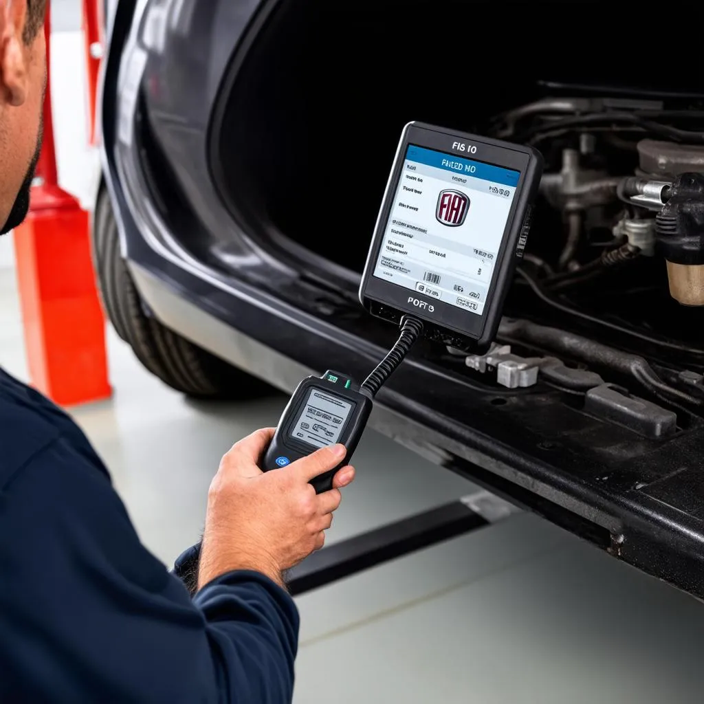 Mechanic using an OBD scanner on a Fiat 500