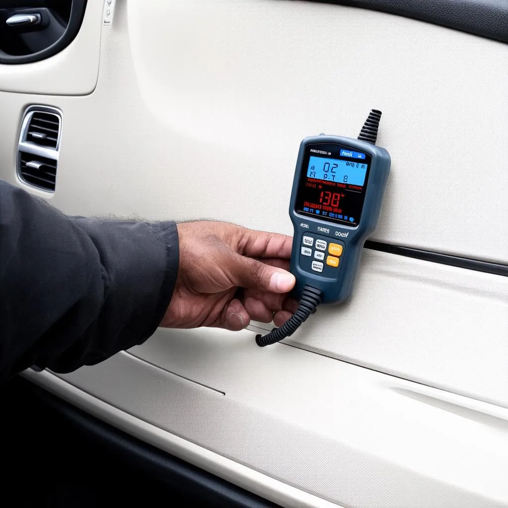 Mechanic using an OBD scanner on a car