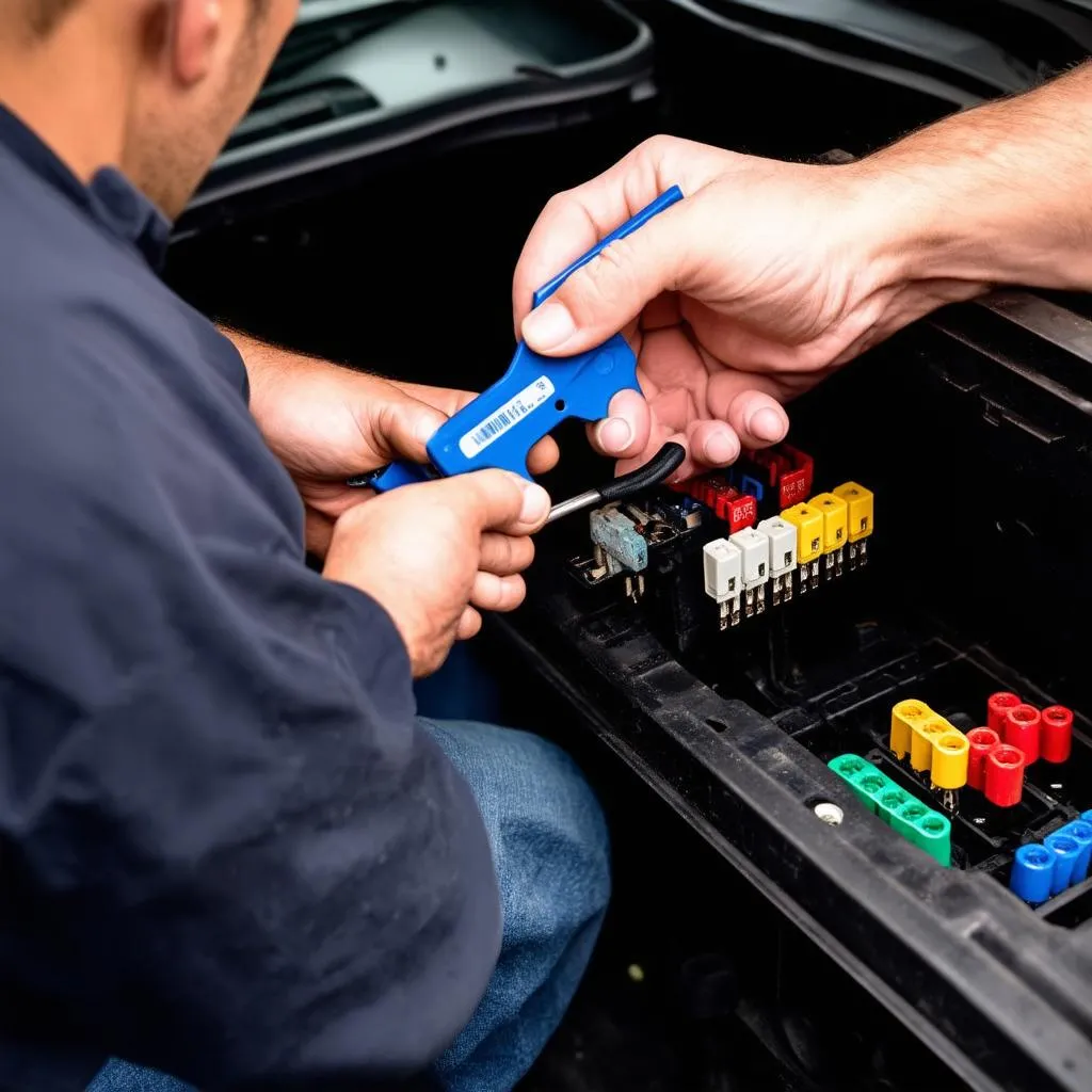 Car mechanic replacing a fuse in a car