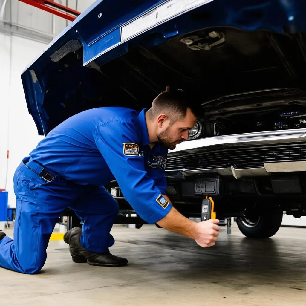 Mechanic diagnosing car with OBD1 code reader