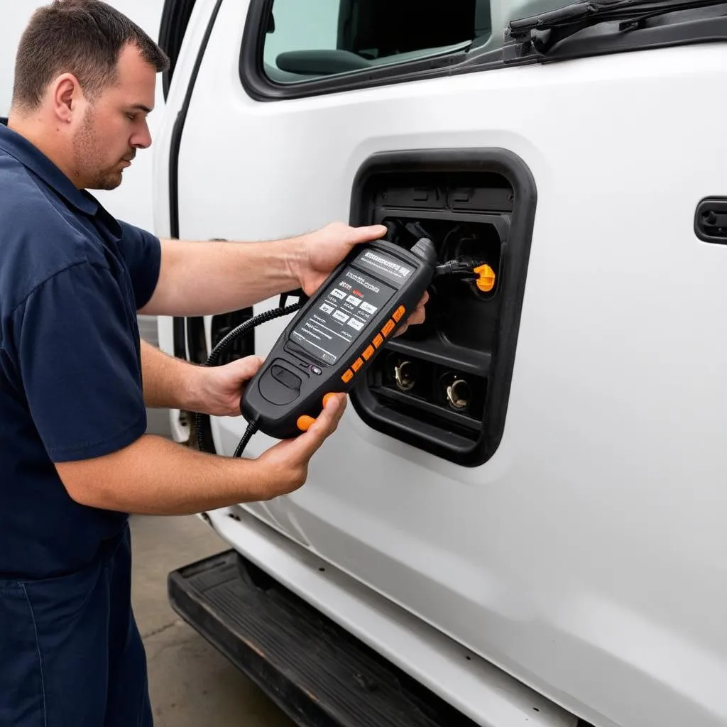 Mechanic using a dealer scanner