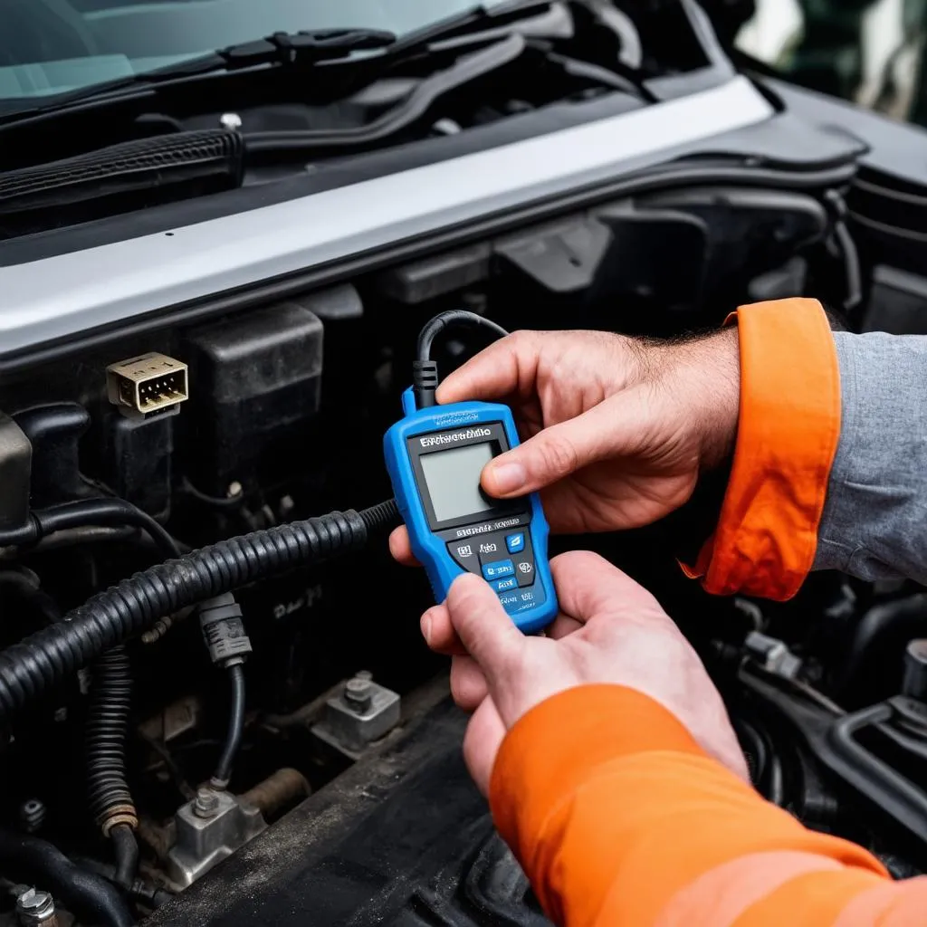 Mechanic connecting a diagnostic tool to the OBD2 port of a Mercury Cougar