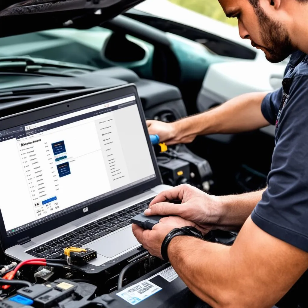 A mechanic in a blue uniform uses a laptop connected to a BMW's OBD-II port with an OBD ENET cable to diagnose a problem. Tools are scattered around the car. The car's hood is open, revealing the engine.