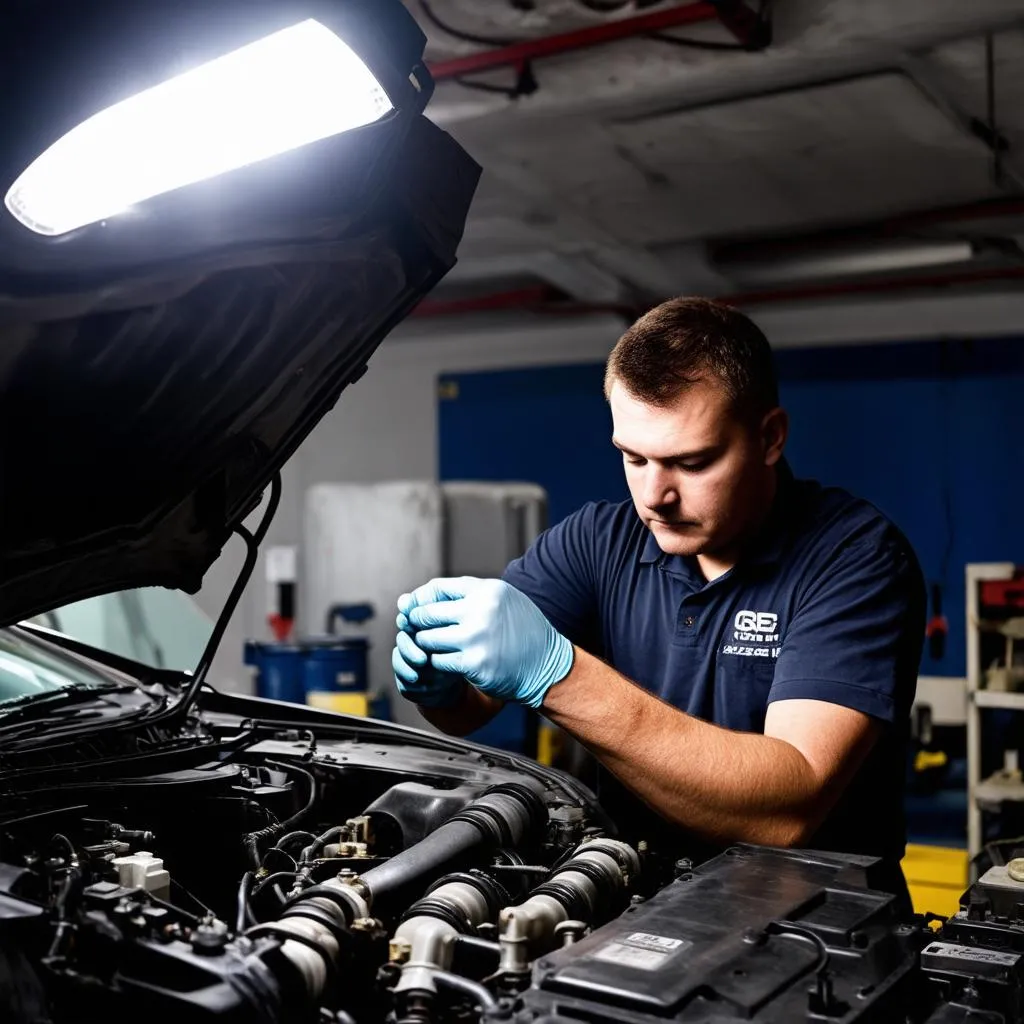 Mechanic inspecting EGR valve