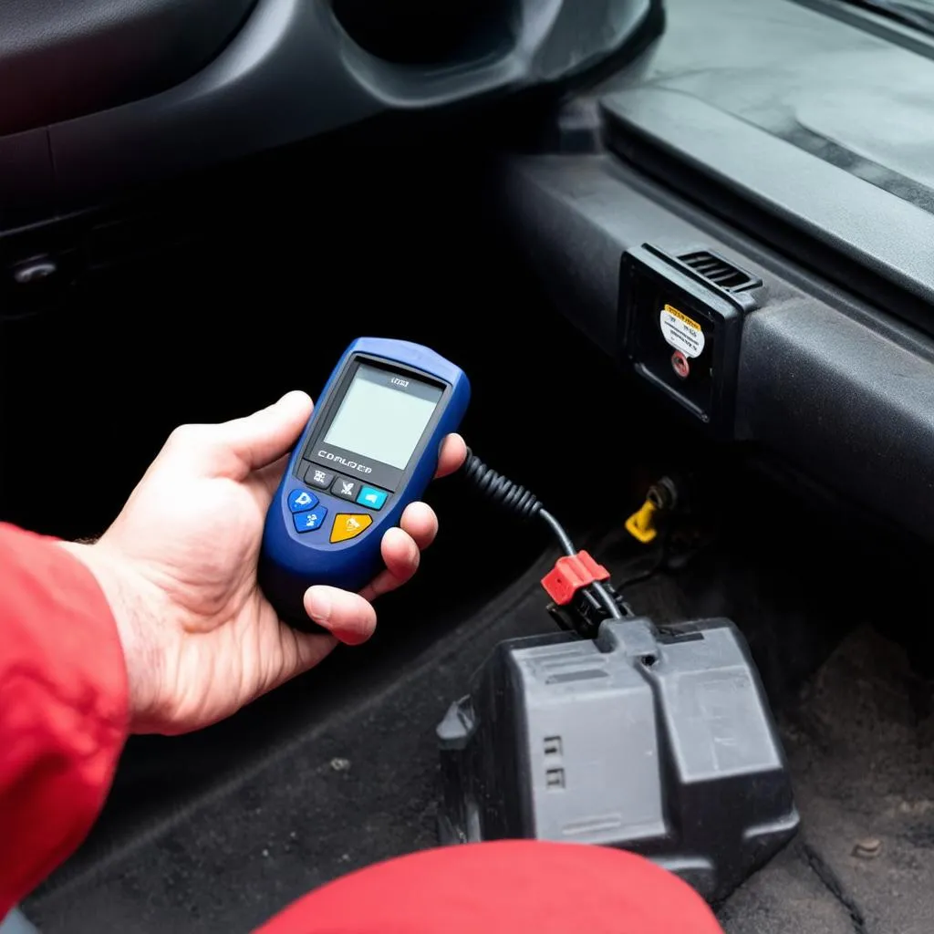 Mechanic connecting an OBD scanner to a car's OBD port