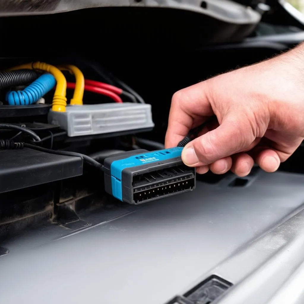 Mechanic connecting an OBD2 diagnostic scanner to a car's OBD port