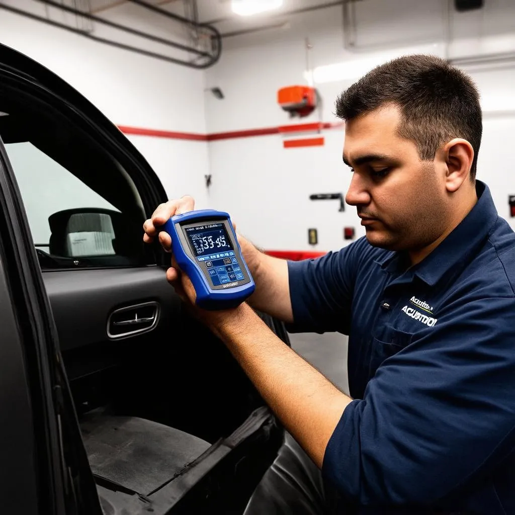 Mechanic using an Accutron scanner in a garage