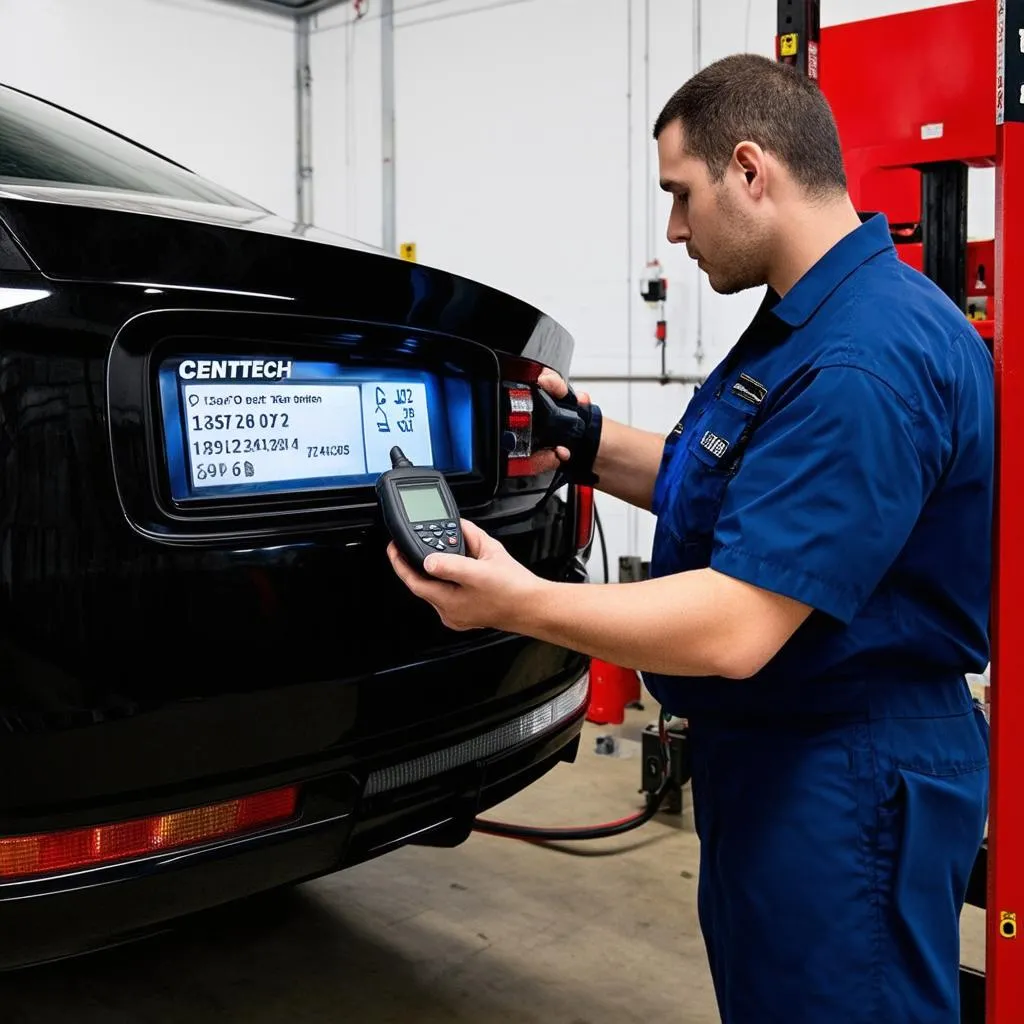 A mechanic using a Centech OBD2 scanner to diagnose a car problem