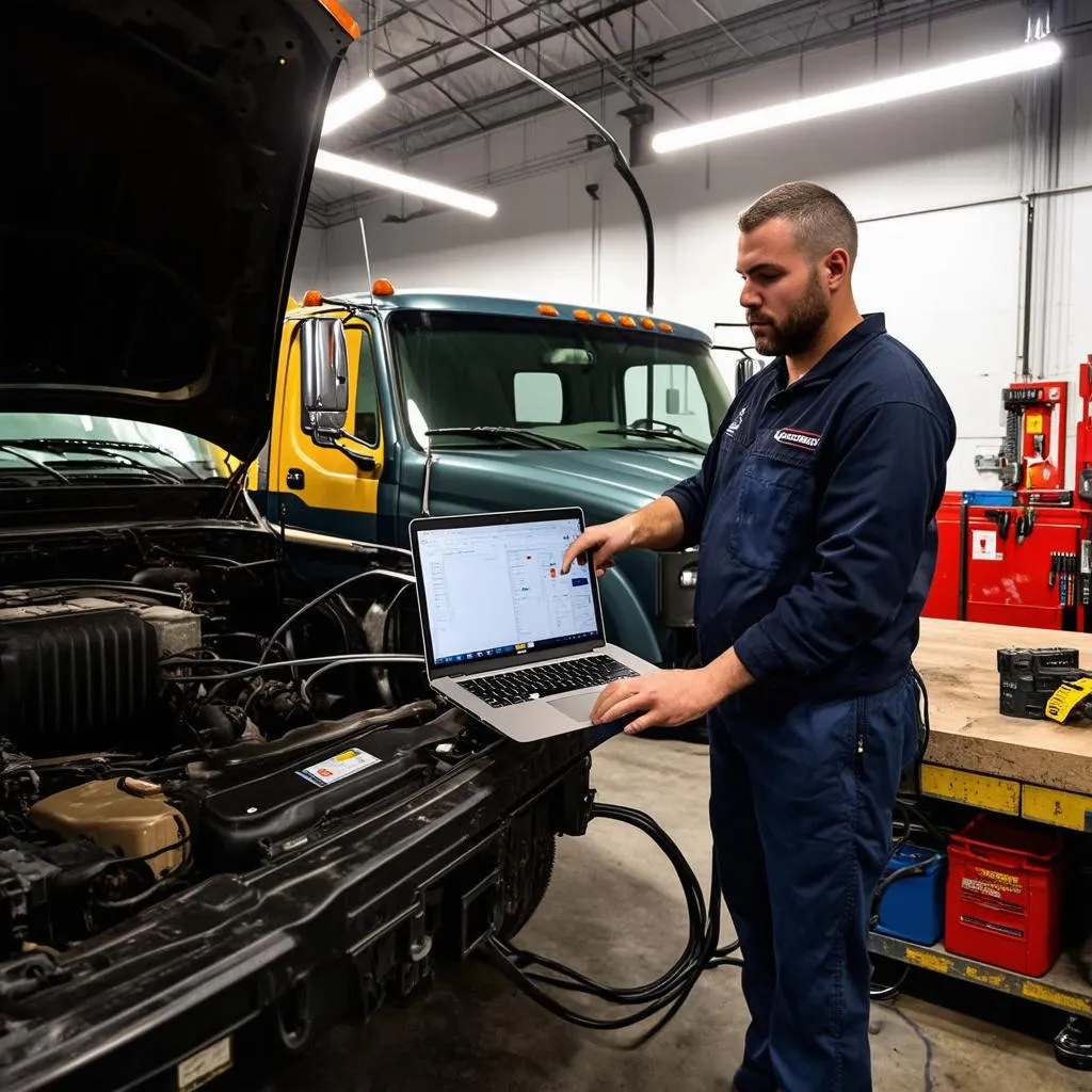 Mechanic Using Laptop Diagnose Freightliner Truck