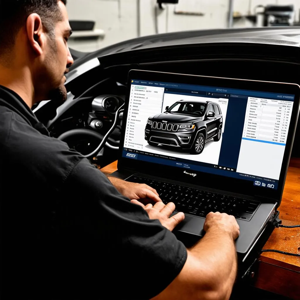 A mechanic uses a laptop computer connected to a 2018 Jeep Grand Cherokee to diagnose a complex electrical problem.