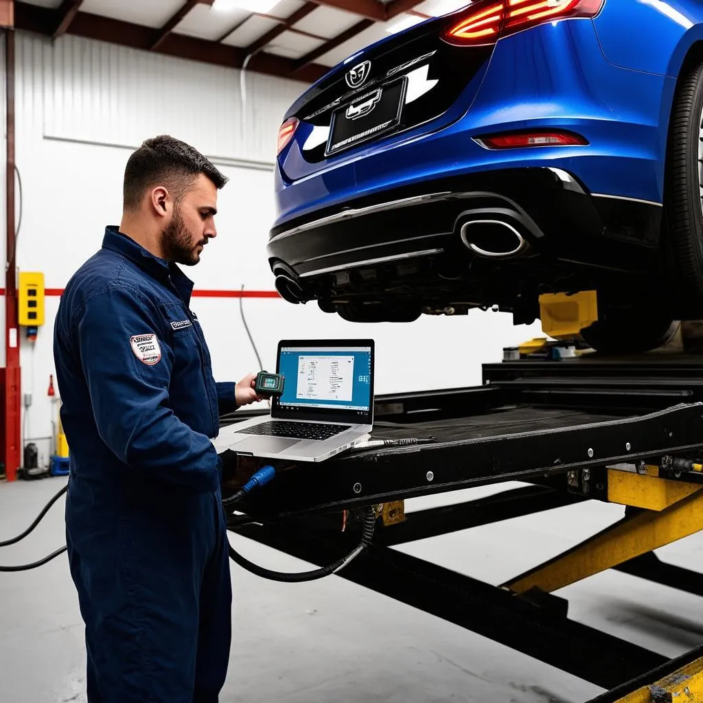 Mechanic Using OBD2 Scanner and Laptop