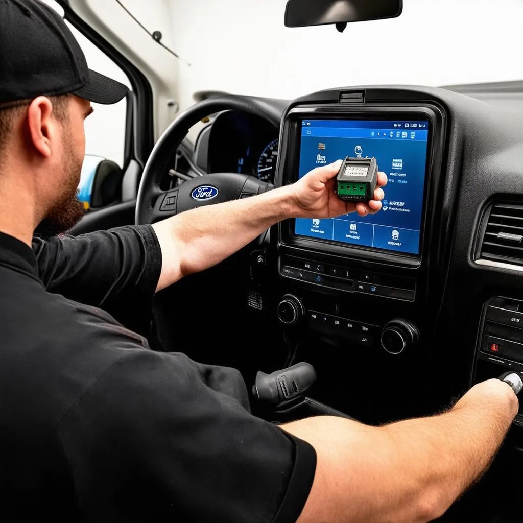 Mechanic using a scanner on a Ford Explorer