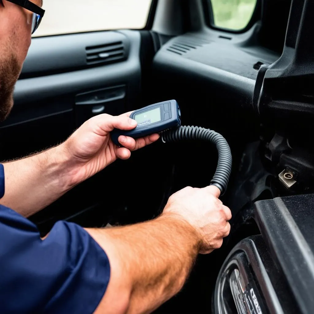 Mechanic plugging an OBD scanner into a vehicle's OBD port.