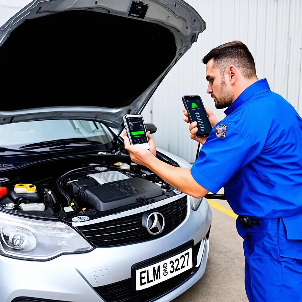 A mechanic using an ELM327 scanner to diagnose a car problem