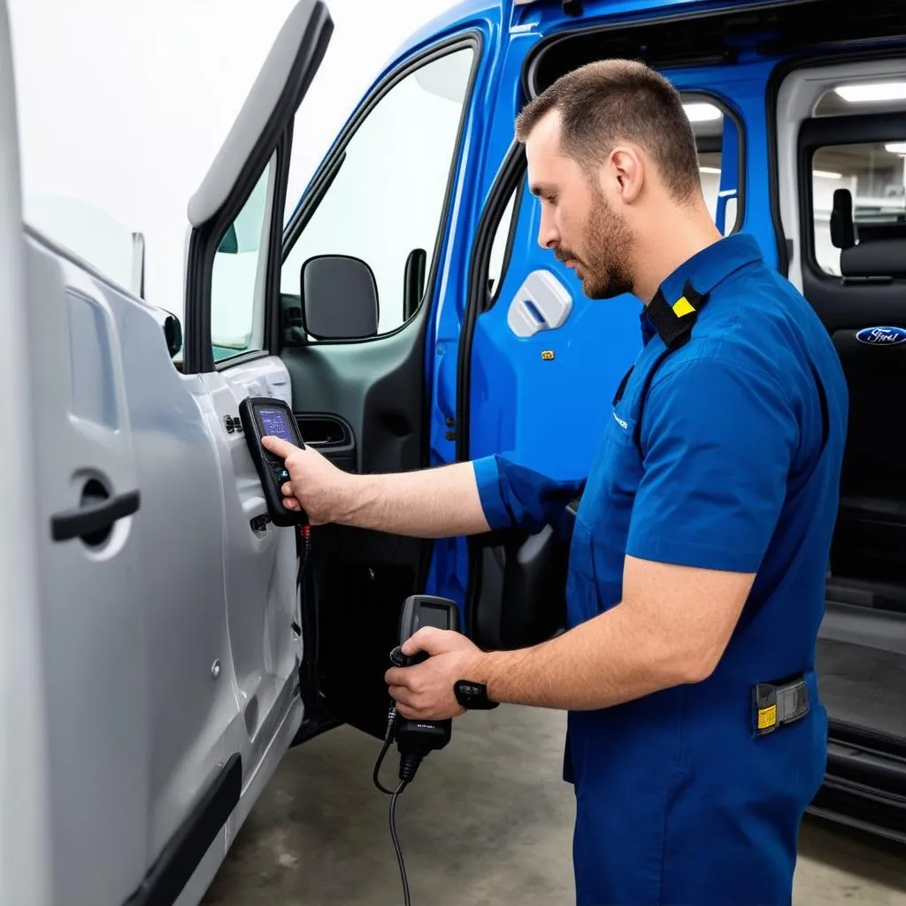 Mechanic using OBD scanner on Ford Transit Connect