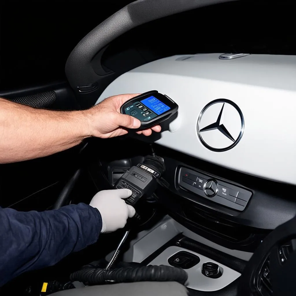 Mechanic using OBD scanner on Mercedes