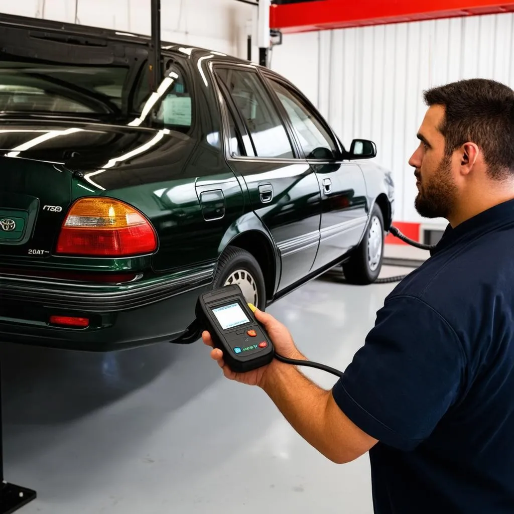 Mechanic diagnosing car problem